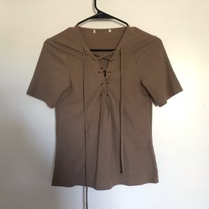 Beige ribbon lace up tee